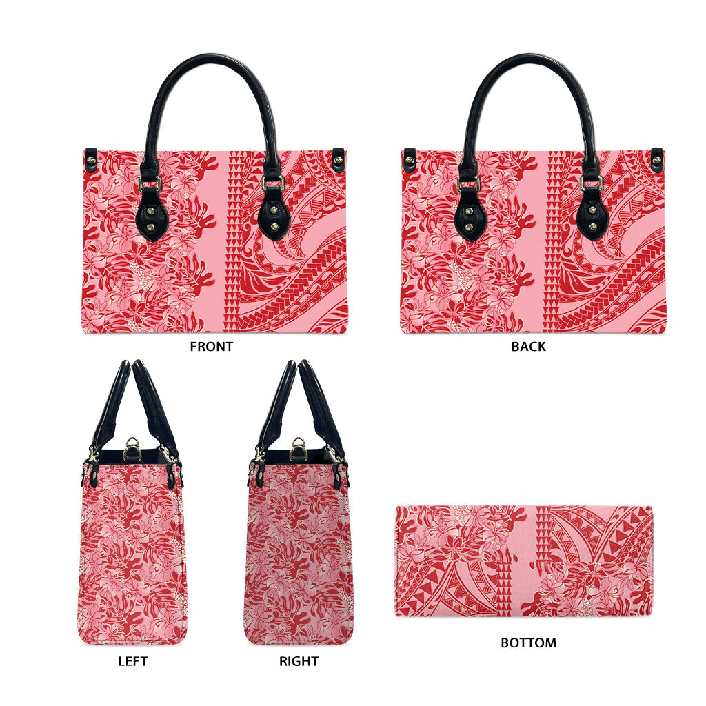 Red Hibiscus Monstera Seamless Kakau Hawaii Leather Bag