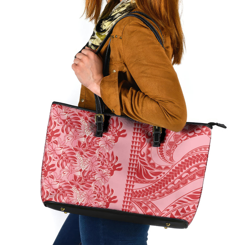 Red Hibiscus Monstera Seamless Kakau Hawaii Leather Tote Bag