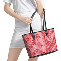 Red Hibiscus Monstera Seamless Kakau Hawaii Leather Tote Bag