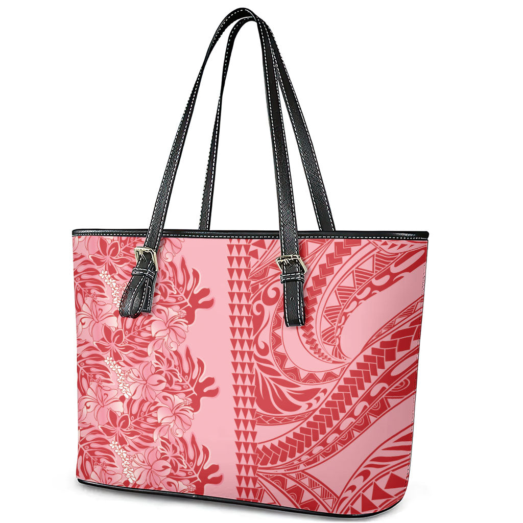 Red Hibiscus Monstera Seamless Kakau Hawaii Leather Tote Bag