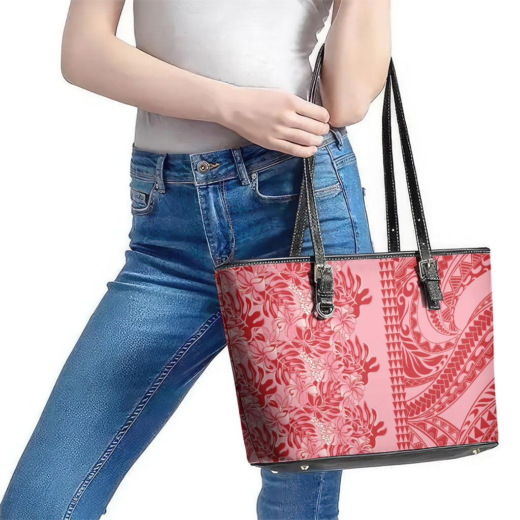 Red Hibiscus Monstera Seamless Kakau Hawaii Leather Tote Bag
