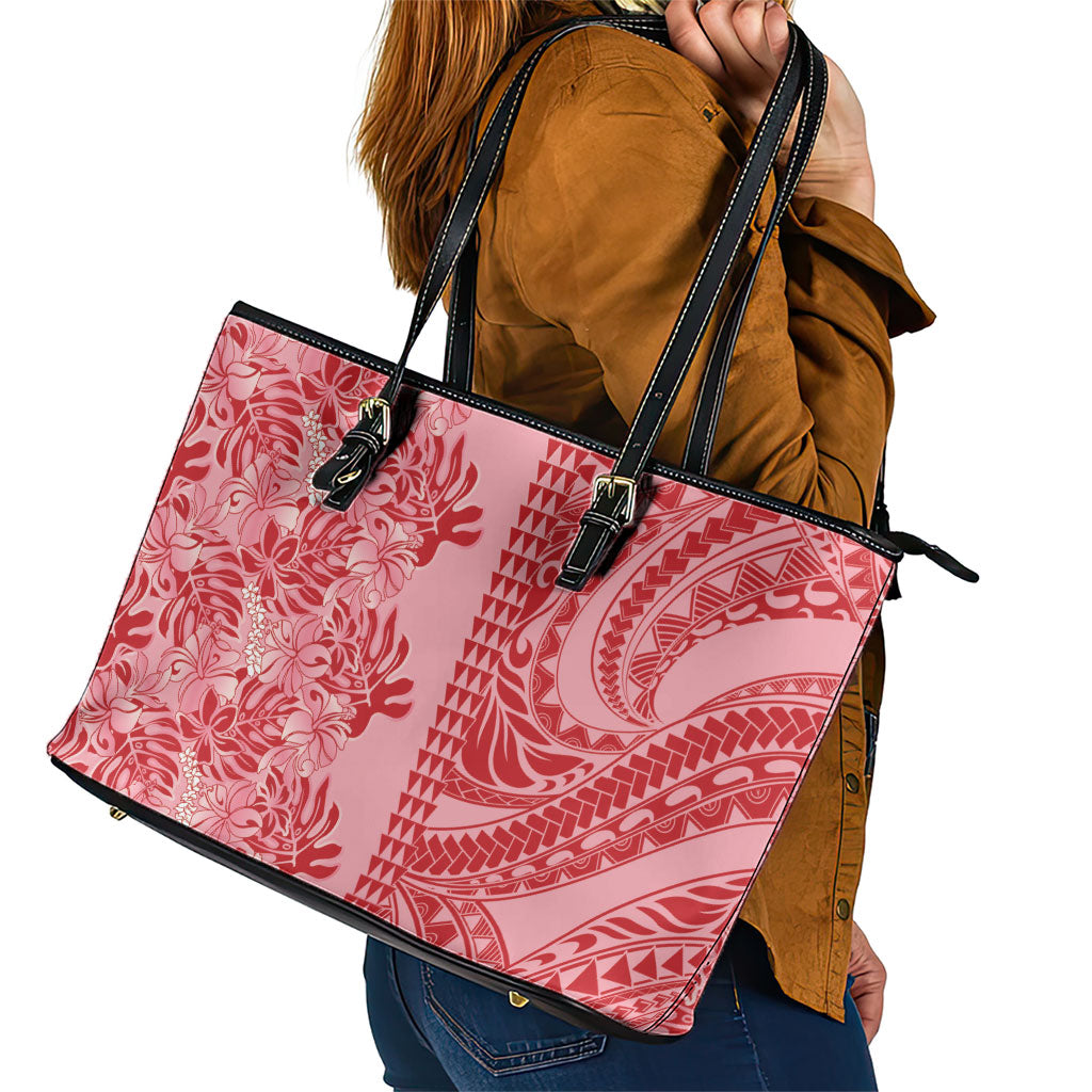Red Hibiscus Monstera Seamless Kakau Hawaii Leather Tote Bag