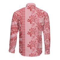 Red Hibiscus Monstera Seamless Kakau Hawaii Long Sleeve Button Shirt