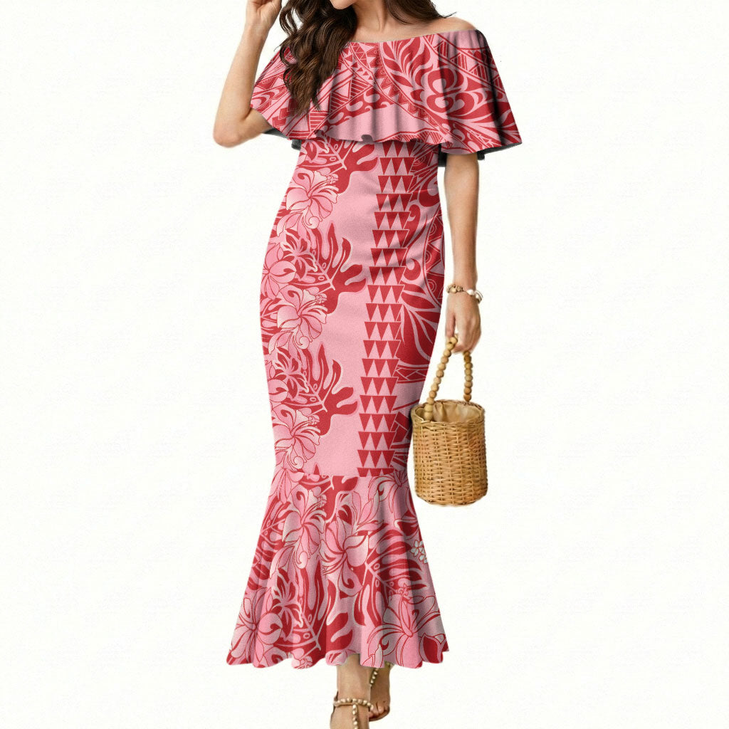 Red Hibiscus Monstera Seamless Kakau Hawaii Mermaid Dress LT14 Women Red - Polynesian Pride