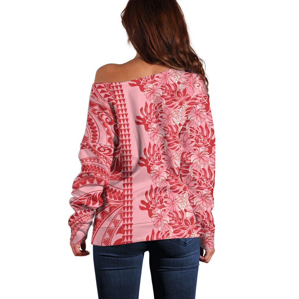 Red Hibiscus Monstera Seamless Kakau Hawaii Off Shoulder Sweater