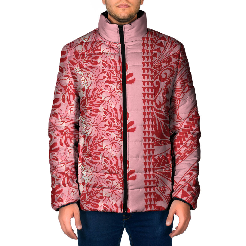 Red Hibiscus Monstera Seamless Kakau Hawaii Padded Jacket