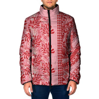 Red Hibiscus Monstera Seamless Kakau Hawaii Padded Jacket