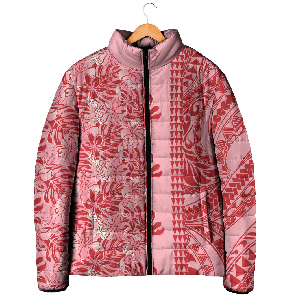Red Hibiscus Monstera Seamless Kakau Hawaii Padded Jacket