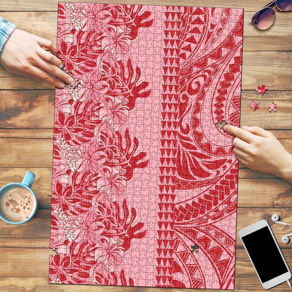 Red Hibiscus Monstera Seamless Kakau Hawaii Puzzle
