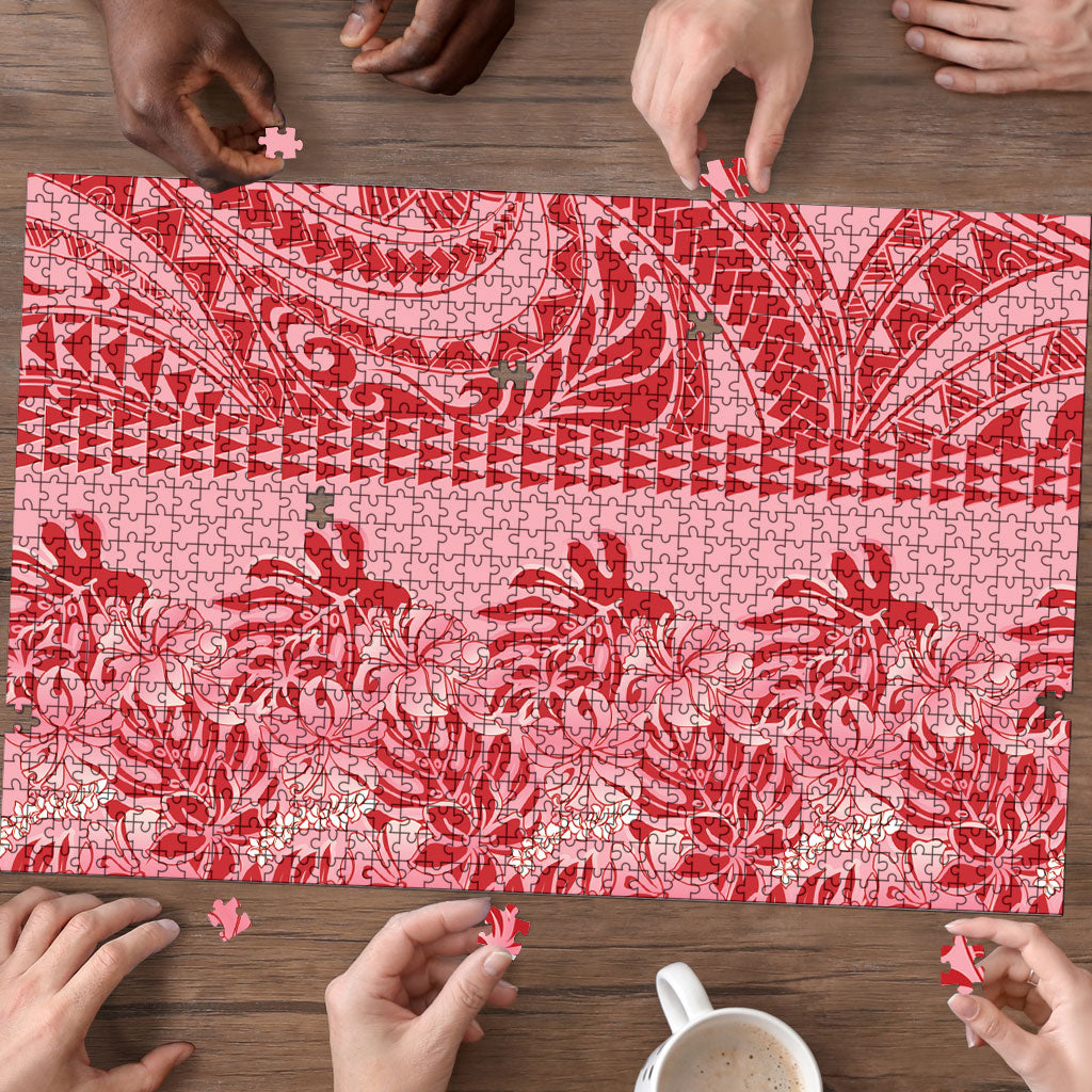 Red Hibiscus Monstera Seamless Kakau Hawaii Puzzle