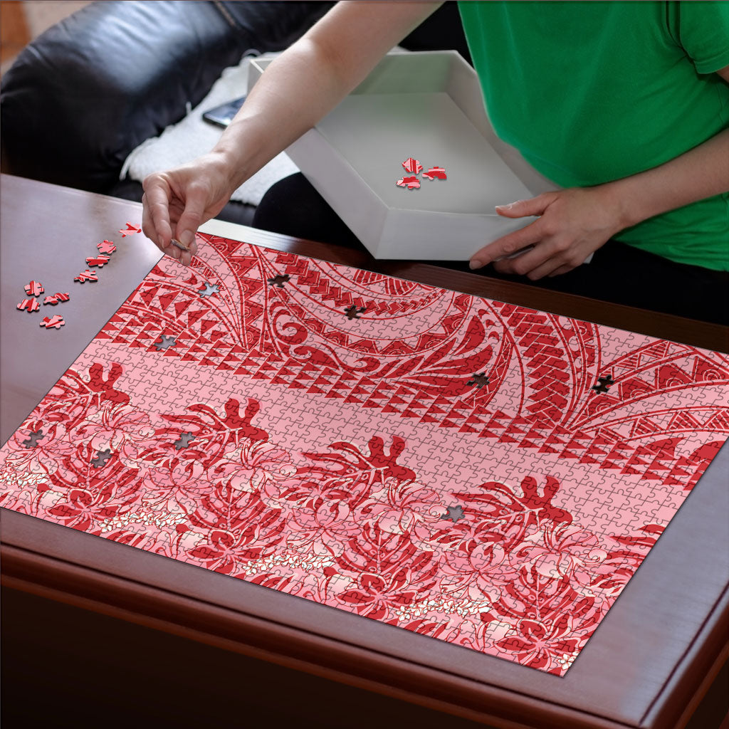 Red Hibiscus Monstera Seamless Kakau Hawaii Puzzle