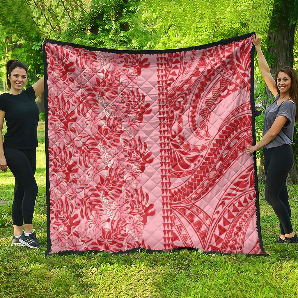 Red Hibiscus Monstera Seamless Kakau Hawaii Quilt
