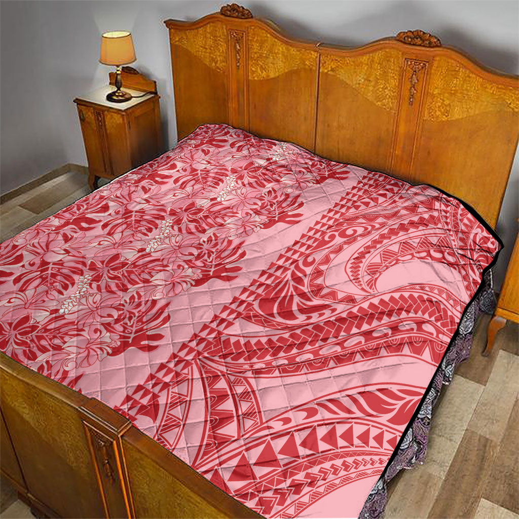 Red Hibiscus Monstera Seamless Kakau Hawaii Quilt