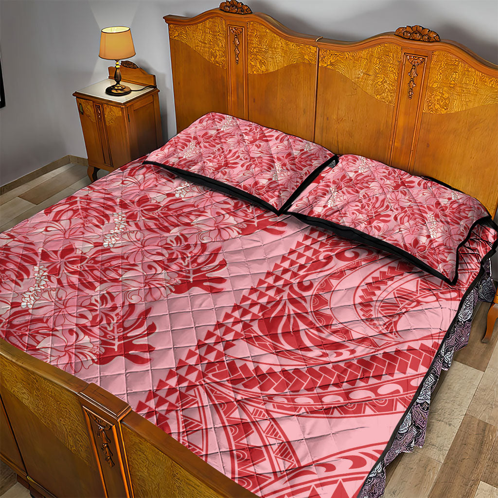 Red Hibiscus Monstera Seamless Kakau Hawaii Quilt Bed Set