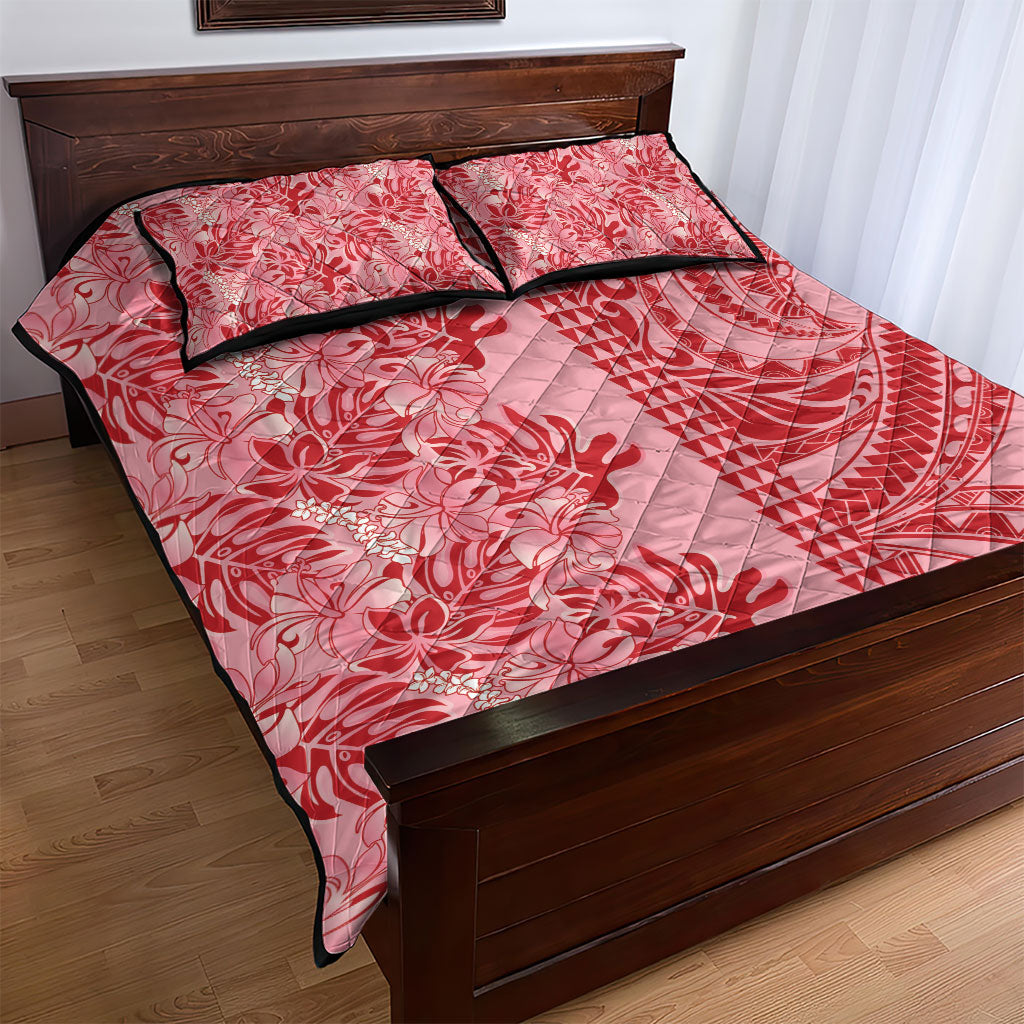 Red Hibiscus Monstera Seamless Kakau Hawaii Quilt Bed Set