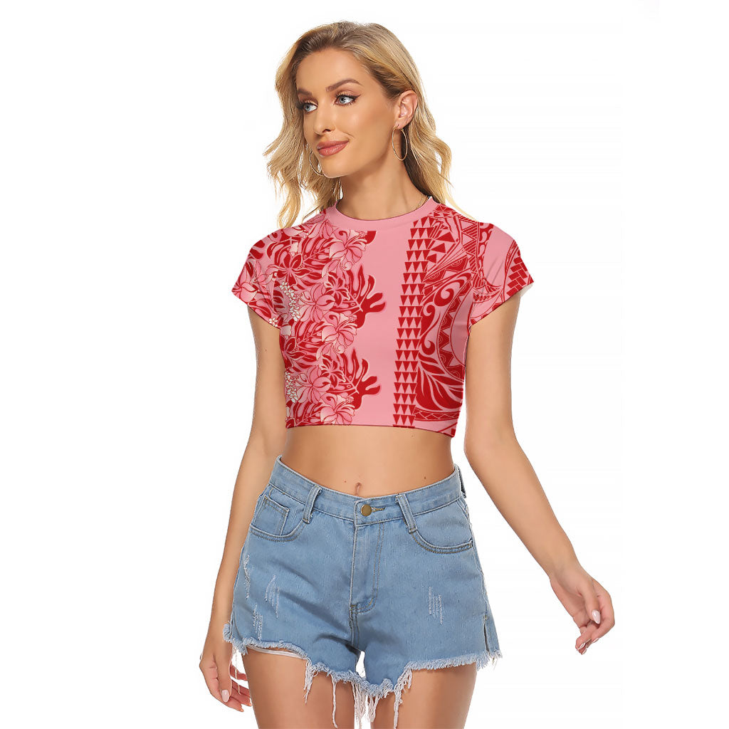 Red Hibiscus Monstera Seamless Kakau Hawaii Raglan Cropped T Shirt LT14 Female Red - Polynesian Pride