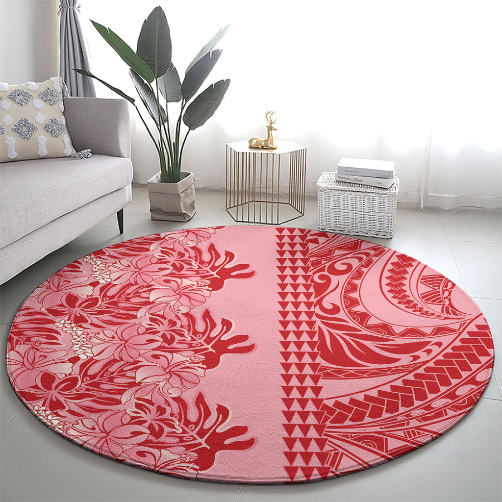 Red Hibiscus Monstera Seamless Kakau Hawaii Round Carpet LT14 - Polynesian Pride