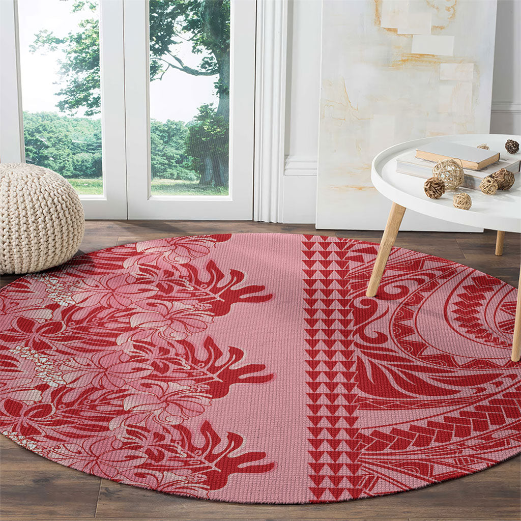 Red Hibiscus Monstera Seamless Kakau Hawaii Round Carpet LT14 - Polynesian Pride
