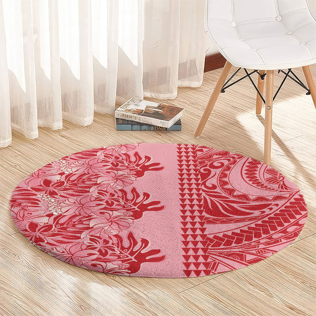 Red Hibiscus Monstera Seamless Kakau Hawaii Round Carpet LT14 - Polynesian Pride