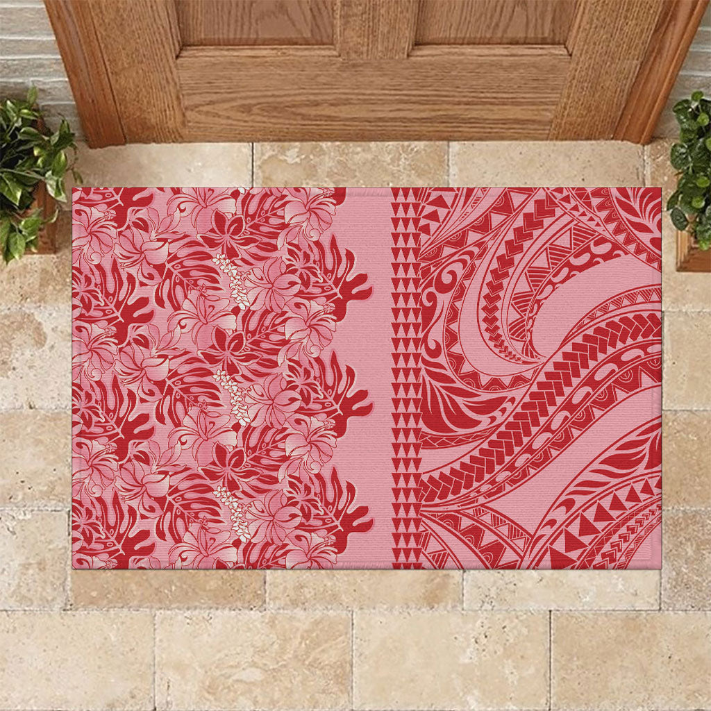 Red Hibiscus Monstera Seamless Kakau Hawaii Rubber Doormat