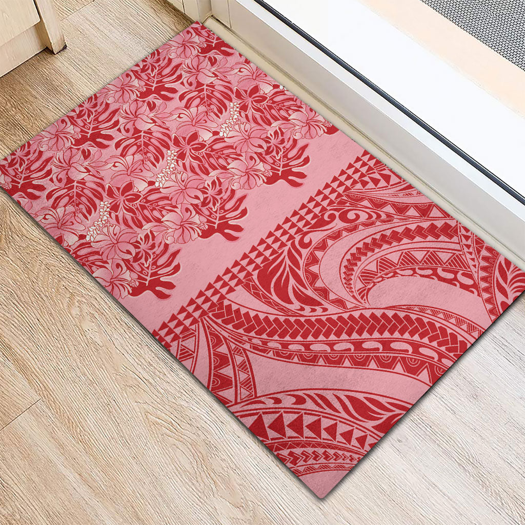 Red Hibiscus Monstera Seamless Kakau Hawaii Rubber Doormat