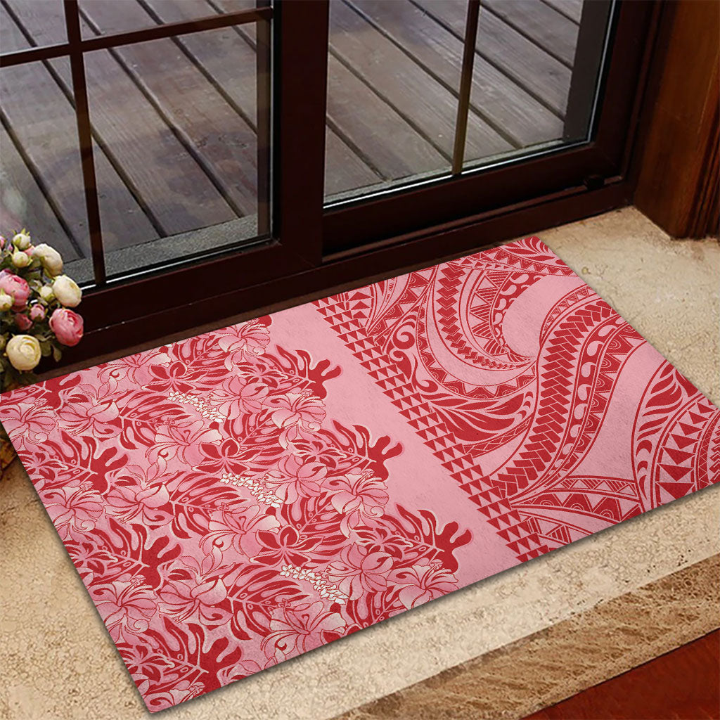 Red Hibiscus Monstera Seamless Kakau Hawaii Rubber Doormat