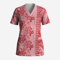 Red Hibiscus Monstera Seamless Kakau Hawaii Scrub Top