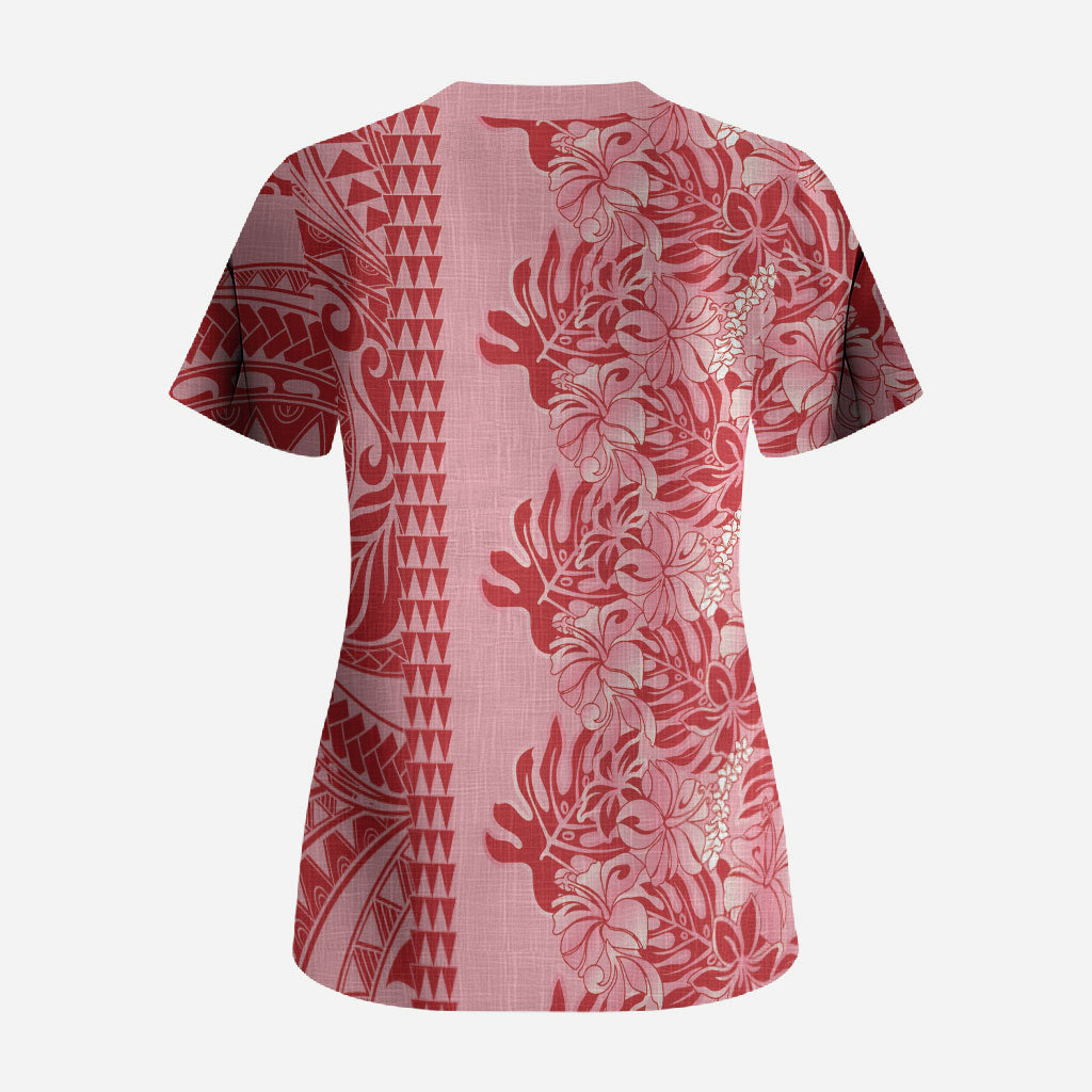 Red Hibiscus Monstera Seamless Kakau Hawaii Scrub Top