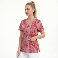 Red Hibiscus Monstera Seamless Kakau Hawaii Scrub Top