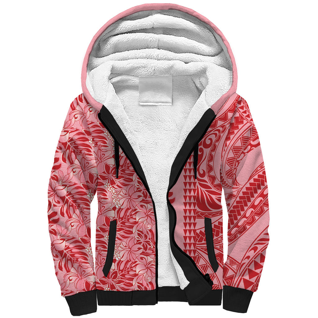 Red Hibiscus Monstera Seamless Kakau Hawaii Sherpa Hoodie LT14 Unisex Red - Polynesian Pride