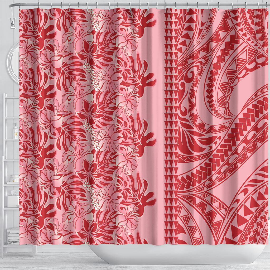 Red Hibiscus Monstera Seamless Kakau Hawaii Shower Curtain