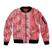 Red Hibiscus Monstera Seamless Kakau Hawaii Sleeve Zip Bomber Jacket