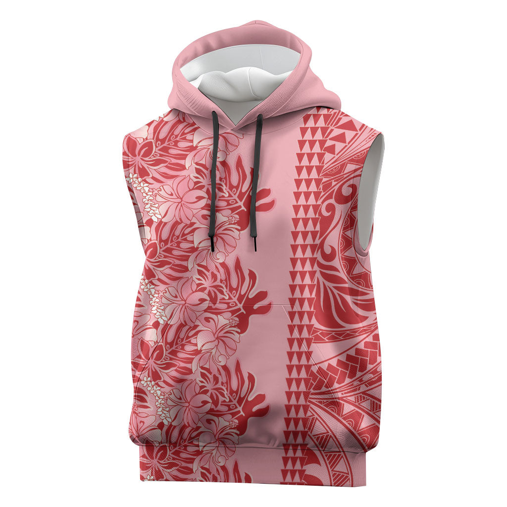 Red Hibiscus Monstera Seamless Kakau Hawaii Sleeveless Hoodie LT14 Red - Polynesian Pride