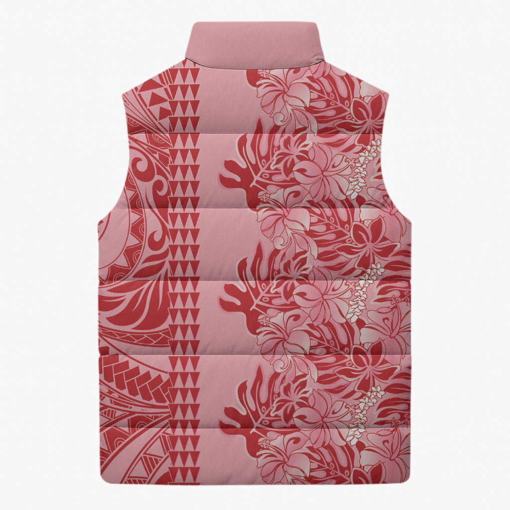 Red Hibiscus Monstera Seamless Kakau Hawaii Sleeveless Puffer Jacket
