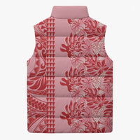 Red Hibiscus Monstera Seamless Kakau Hawaii Sleeveless Puffer Jacket