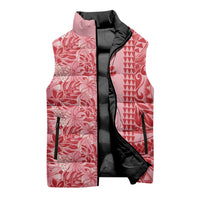 Red Hibiscus Monstera Seamless Kakau Hawaii Sleeveless Puffer Jacket