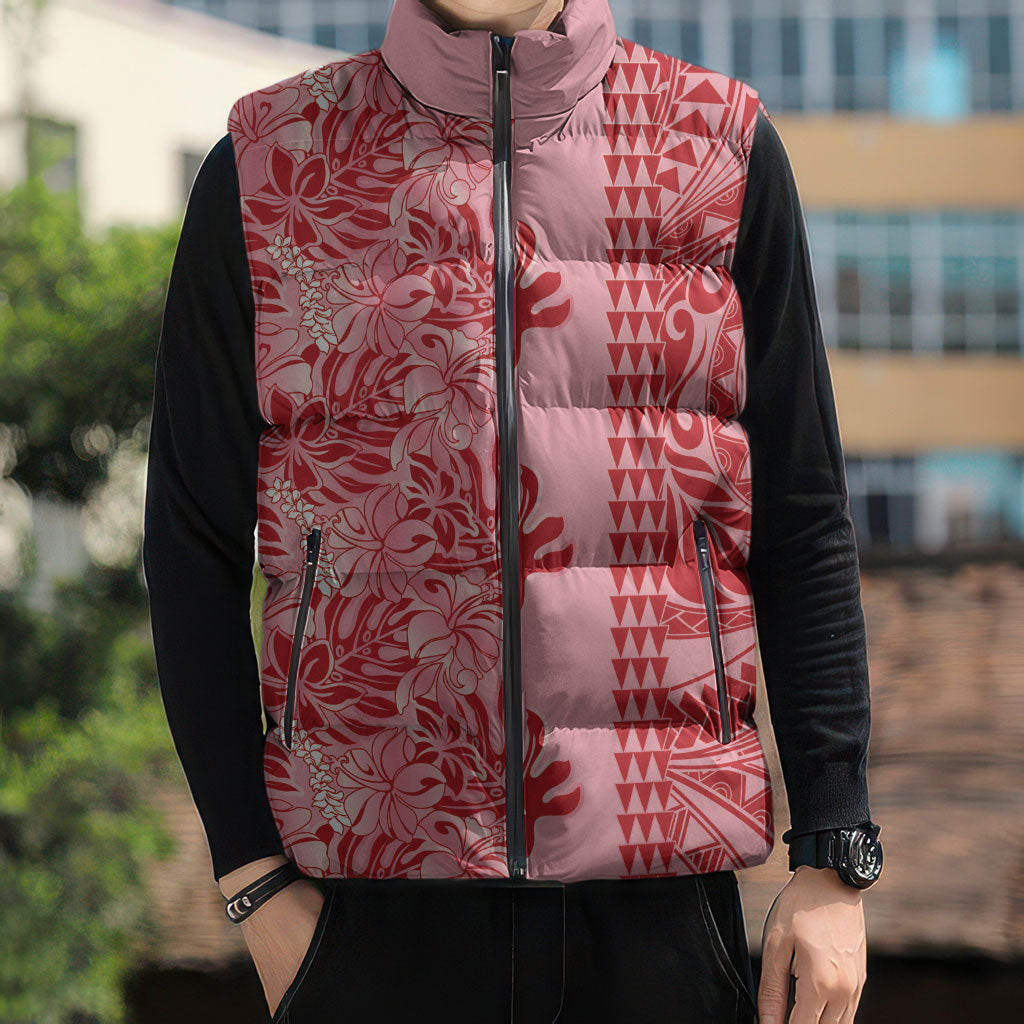 Red Hibiscus Monstera Seamless Kakau Hawaii Sleeveless Puffer Jacket