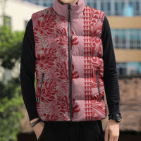 Red Hibiscus Monstera Seamless Kakau Hawaii Sleeveless Puffer Jacket