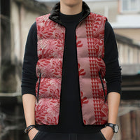 Red Hibiscus Monstera Seamless Kakau Hawaii Sleeveless Puffer Jacket