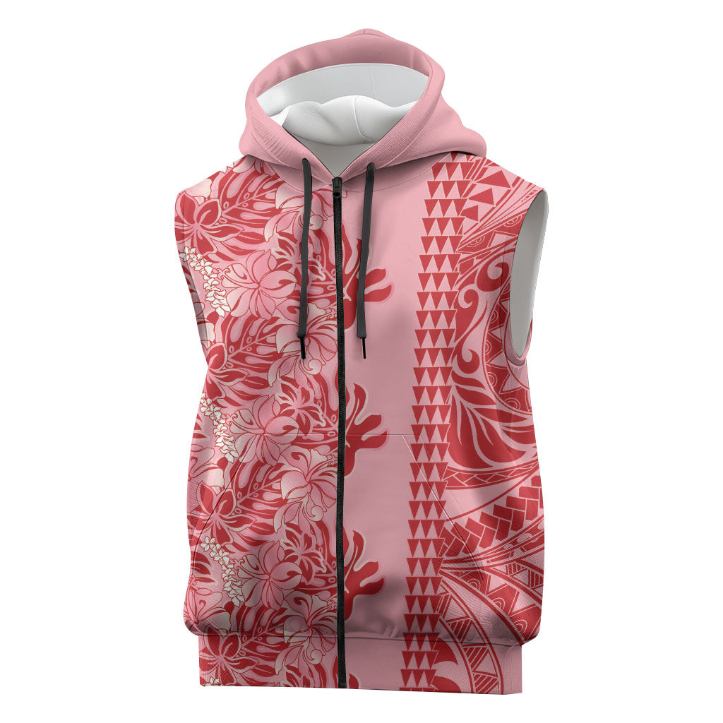 Red Hibiscus Monstera Seamless Kakau Hawaii Sleeveless Zip Hoodie LT14 Red - Polynesian Pride