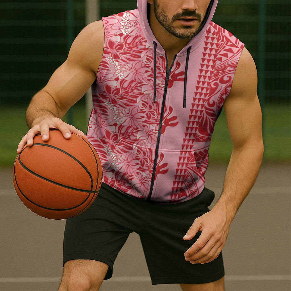 Red Hibiscus Monstera Seamless Kakau Hawaii Sleeveless Zip Hoodie LT14 - Polynesian Pride
