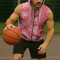 Red Hibiscus Monstera Seamless Kakau Hawaii Sleeveless Zip Hoodie LT14 - Polynesian Pride