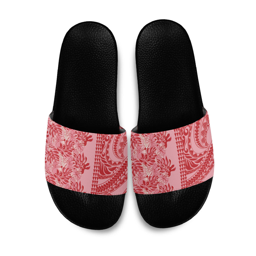 Red Hibiscus Monstera Seamless Kakau Hawaii Slide Sandals