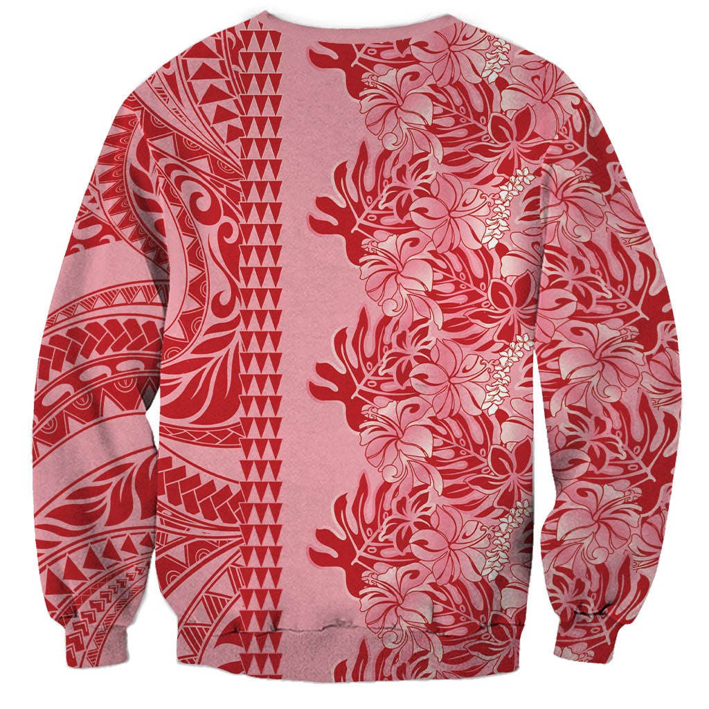 Red Hibiscus Monstera Seamless Kakau Hawaii Sweatshirt LT14 - Polynesian Pride