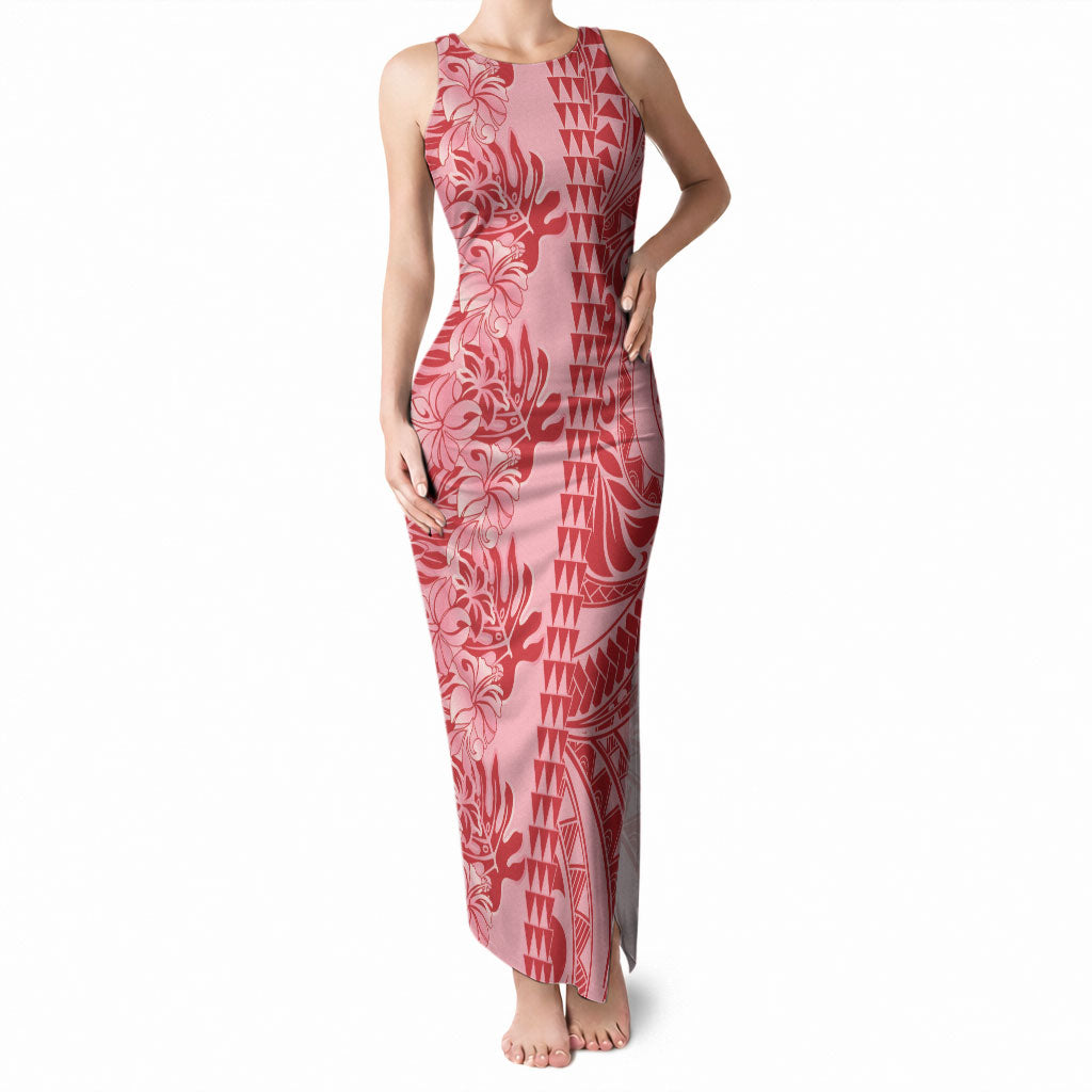 Red Hibiscus Monstera Seamless Kakau Hawaii Tank Maxi Dress LT14 Women Red - Polynesian Pride