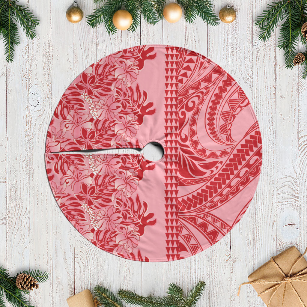 Red Hibiscus Monstera Seamless Kakau Hawaii Tree Skirt