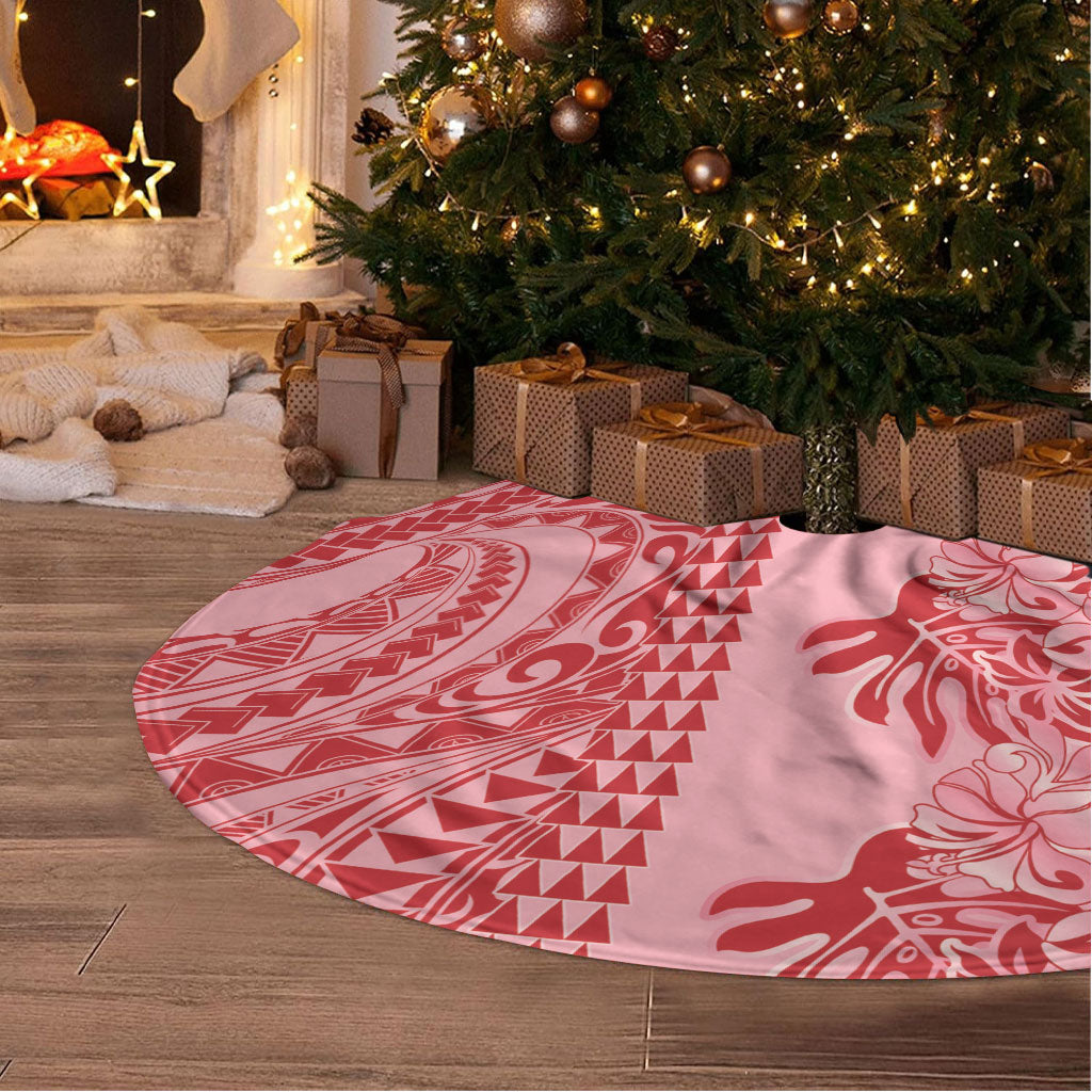 Red Hibiscus Monstera Seamless Kakau Hawaii Tree Skirt