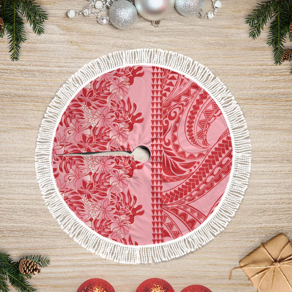 Red Hibiscus Monstera Seamless Kakau Hawaii Tree Skirt