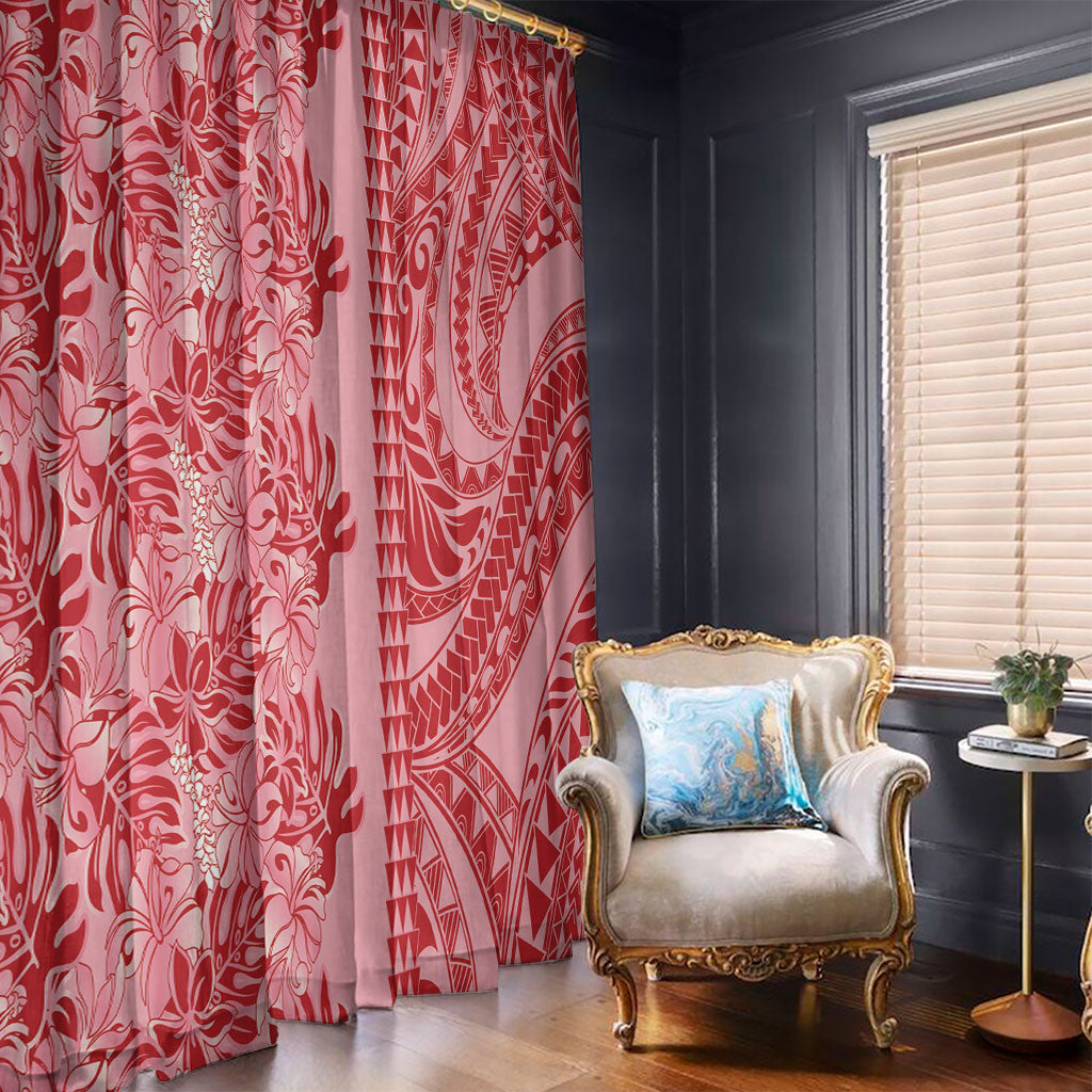 Red Hibiscus Monstera Seamless Kakau Hawaii Window Curtain