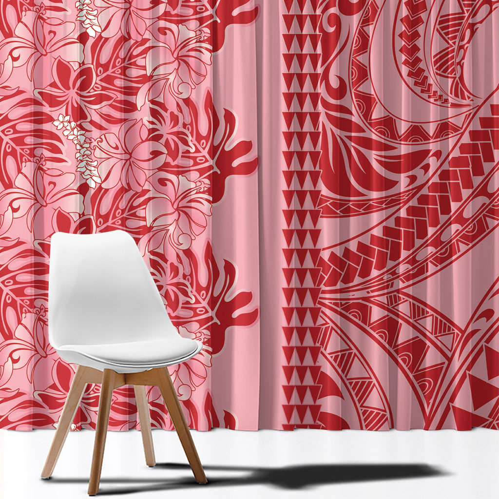 Red Hibiscus Monstera Seamless Kakau Hawaii Window Curtain
